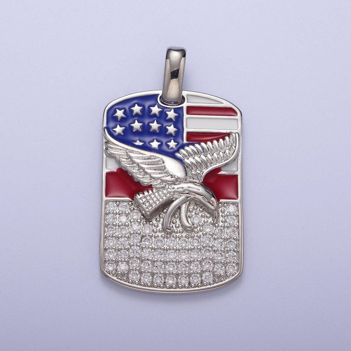 Gold/silver usa patriotic flag bald eagle tag pendant, 14k/white gold plated enamel american flag clear micro paved cz charm | h-614, h-677