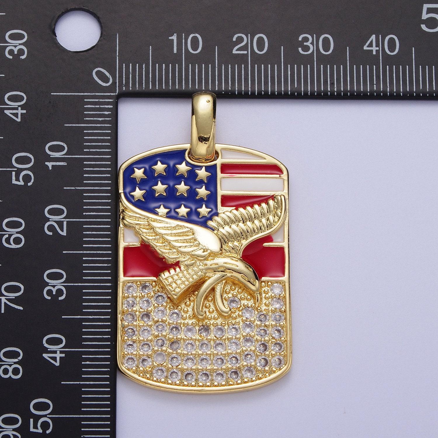 Gold/silver usa patriotic flag bald eagle tag pendant, 14k/white gold plated enamel american flag clear micro paved cz charm | h-614, h-677