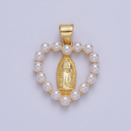 Gold natural pearl virgin mary heart pendant, 24k gold plated freshwater mother of pearl love our lady of guadalupe religious charm | h-650