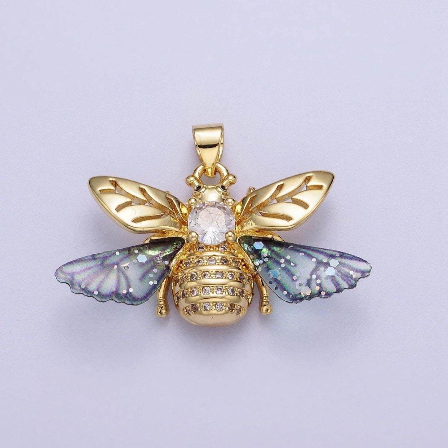Gold cz blue & fuchsia insect pendant, 24k gold plated micro paved marquise cut cz resin beautiful sparkly bees wasps charm | h-636, h-646