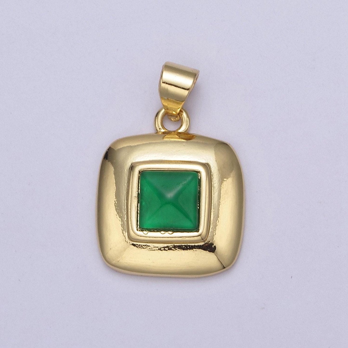 Dainty emerald green cz square gold medallion charm tiny small pendant tag charm, bracelet necklace earring finding
