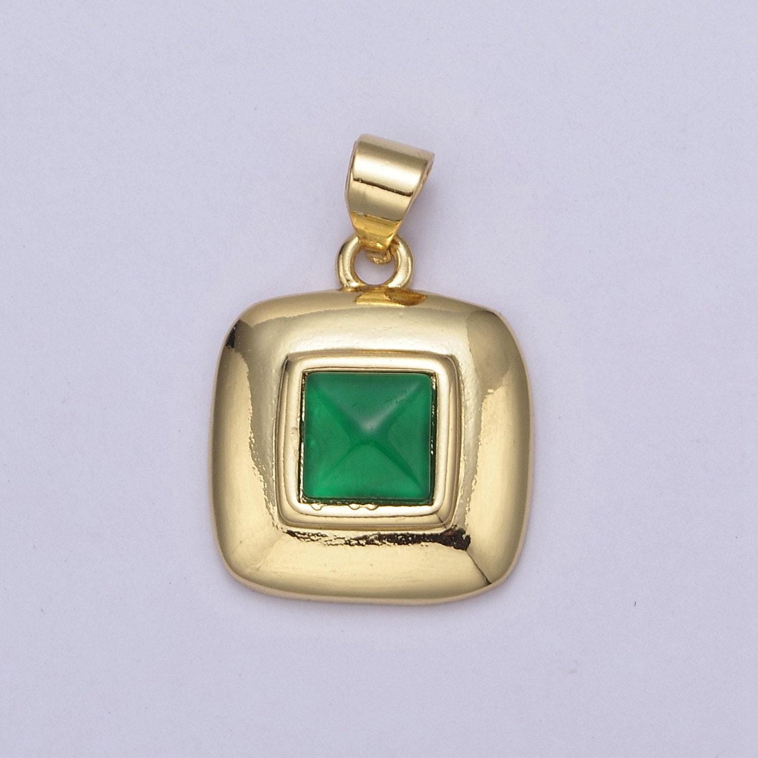 Dainty emerald green cz square gold medallion charm tiny small pendant tag charm, bracelet necklace earring finding