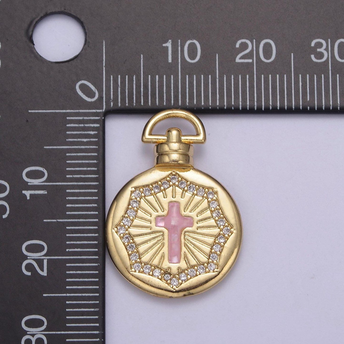 14k gold fill round pink/white religious catholic christian cross medallion micro pave, baptism gift, charm pendants for diy jewelry finding