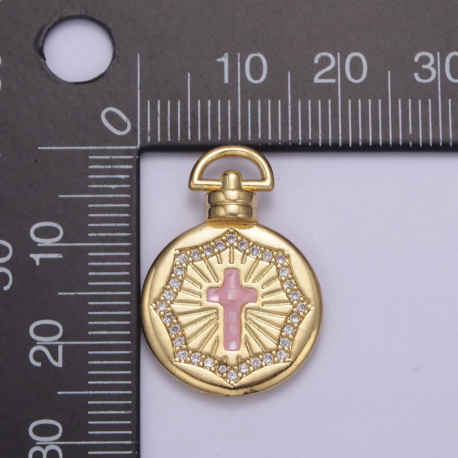 14k gold fill round pink/white religious catholic christian cross medallion micro pave, baptism gift, charm pendants for diy jewelry finding