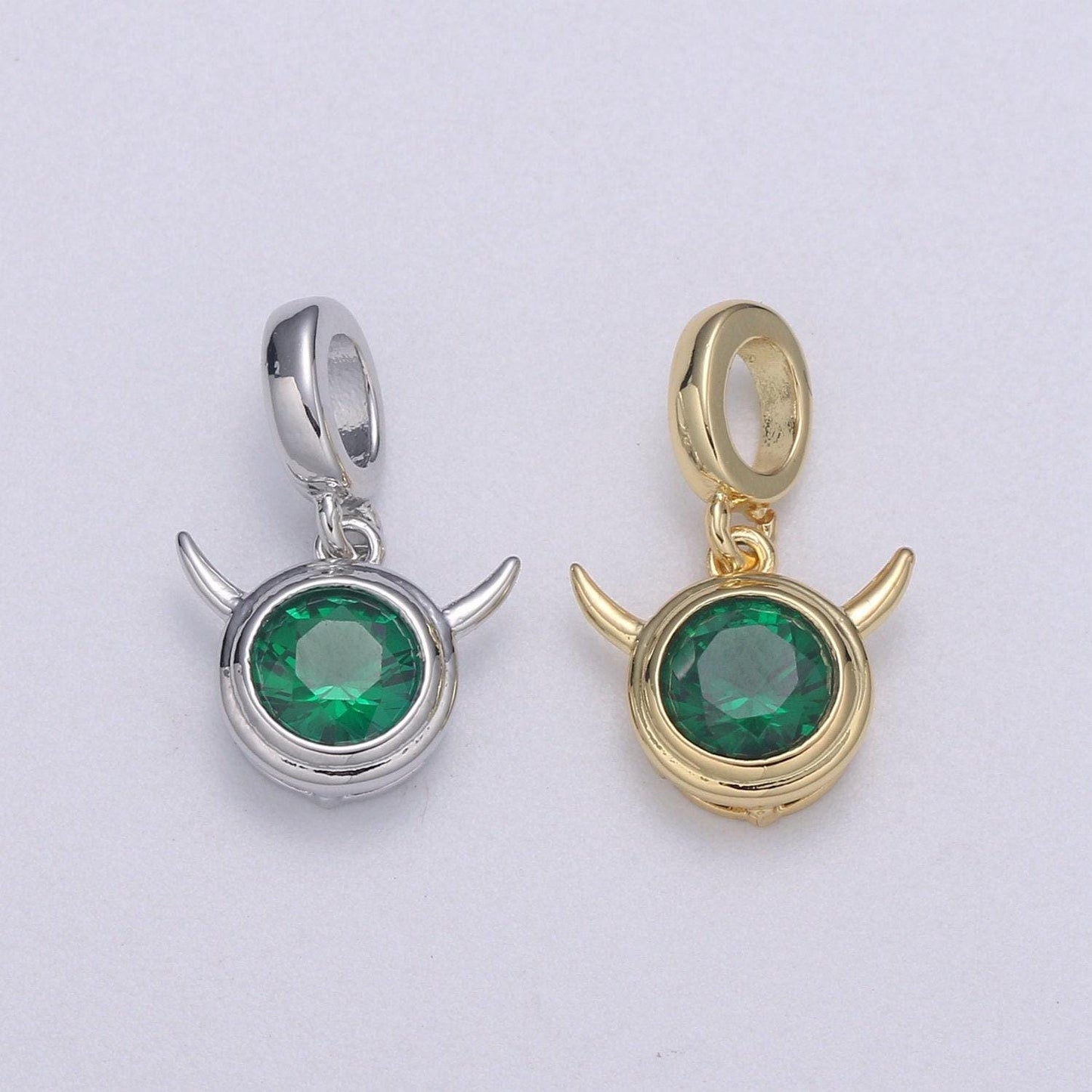1pc 24k gold cz solitaire rolling horn charm, emerald green silver horn pendant charm, charm, for diy jewelry, pdgf-2187