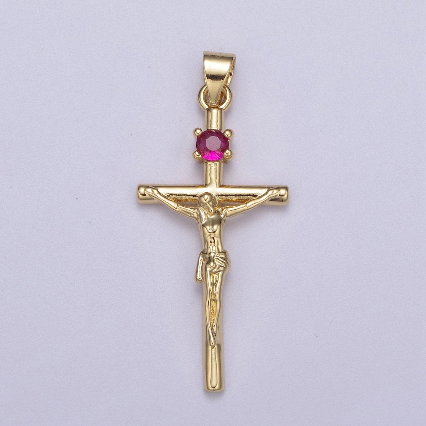 Gold filled crucifix cross - cross with pink crystal center - simple 24k gold fill cross for necklace bracelet jewelry making - h602
