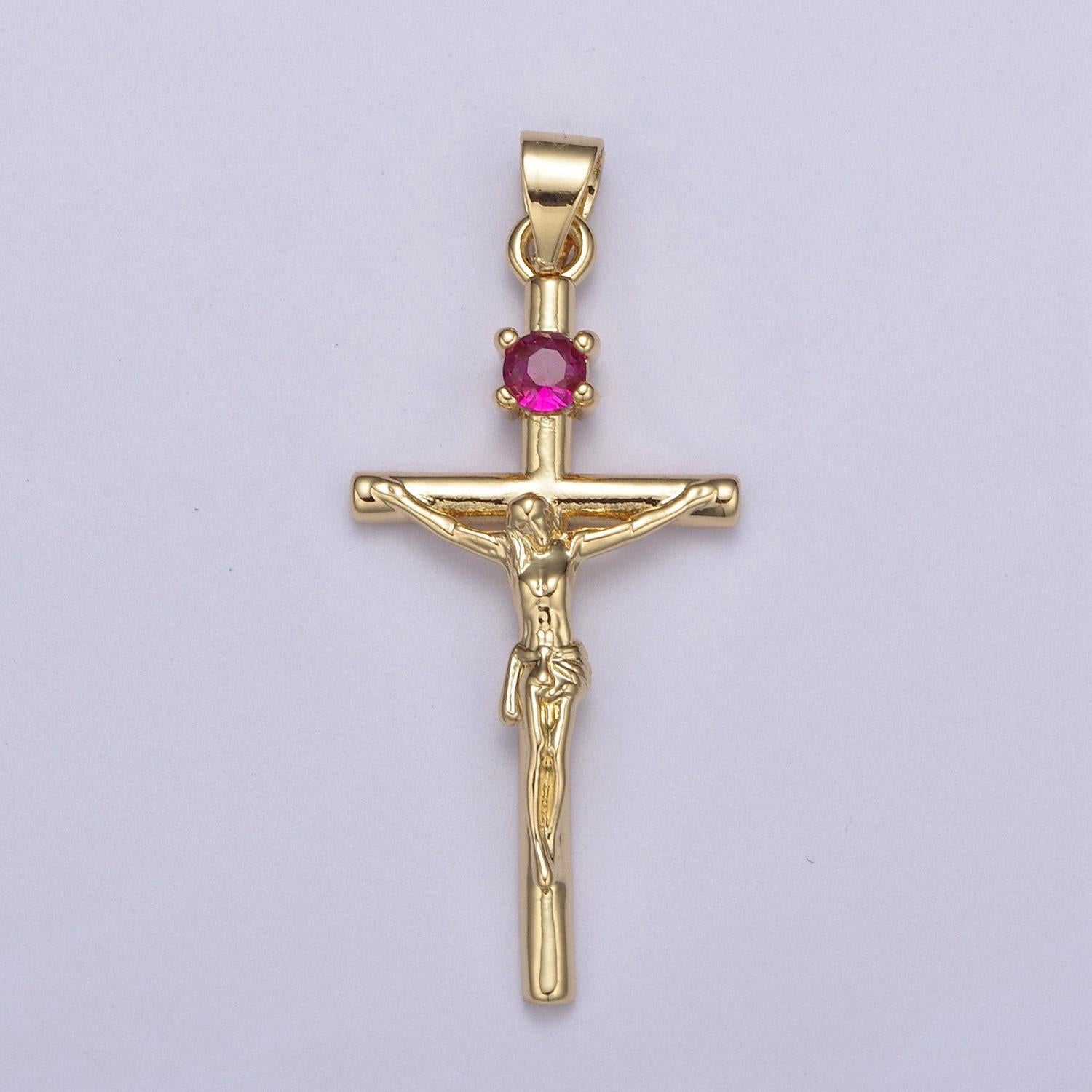 Gold filled crucifix cross - cross with pink crystal center - simple 24k gold fill cross for necklace bracelet jewelry making - h602