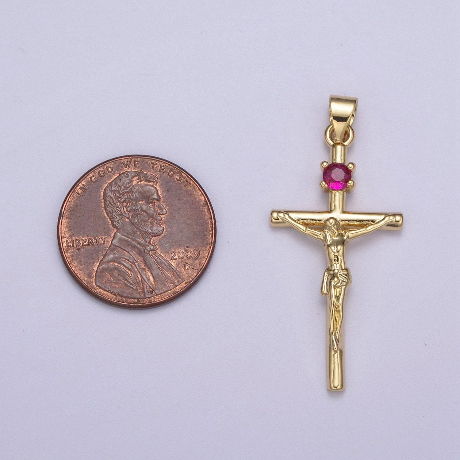Gold filled crucifix cross - cross with pink crystal center - simple 24k gold fill cross for necklace bracelet jewelry making - h602