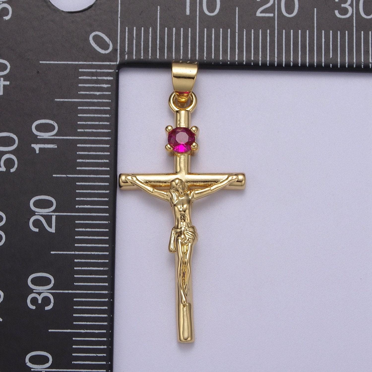Gold filled crucifix cross - cross with pink crystal center - simple 24k gold fill cross for necklace bracelet jewelry making - h602