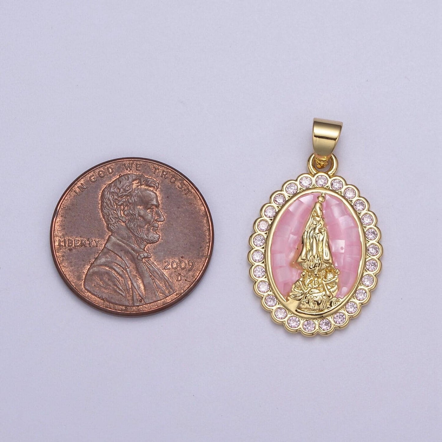 Pink opal miraculous lady charm for necklace, dainty lady of guadalupe pendant for religious jewelry making supply in gold filled - h601