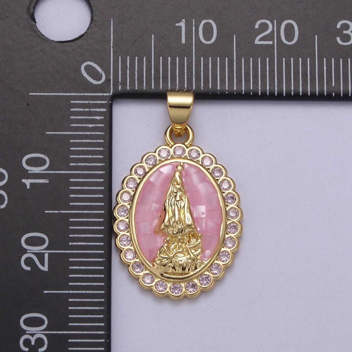 Pink opal miraculous lady charm for necklace, dainty lady of guadalupe pendant for religious jewelry making supply in gold filled - h601