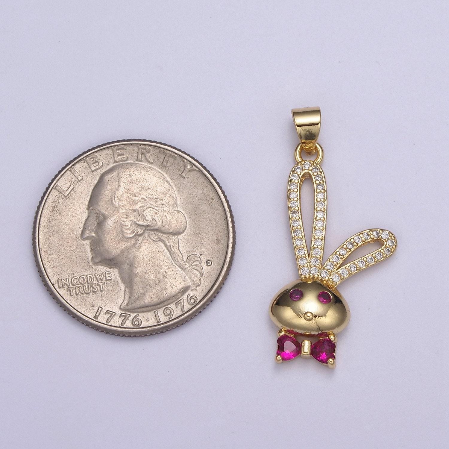 24k gold filed cz pink micro pave cute rabbit pink bunny with bowtie charm pendant cubic zirconia - h597