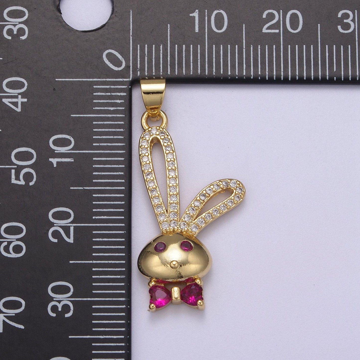 24k gold filed cz pink micro pave cute rabbit pink bunny with bowtie charm pendant cubic zirconia - h597