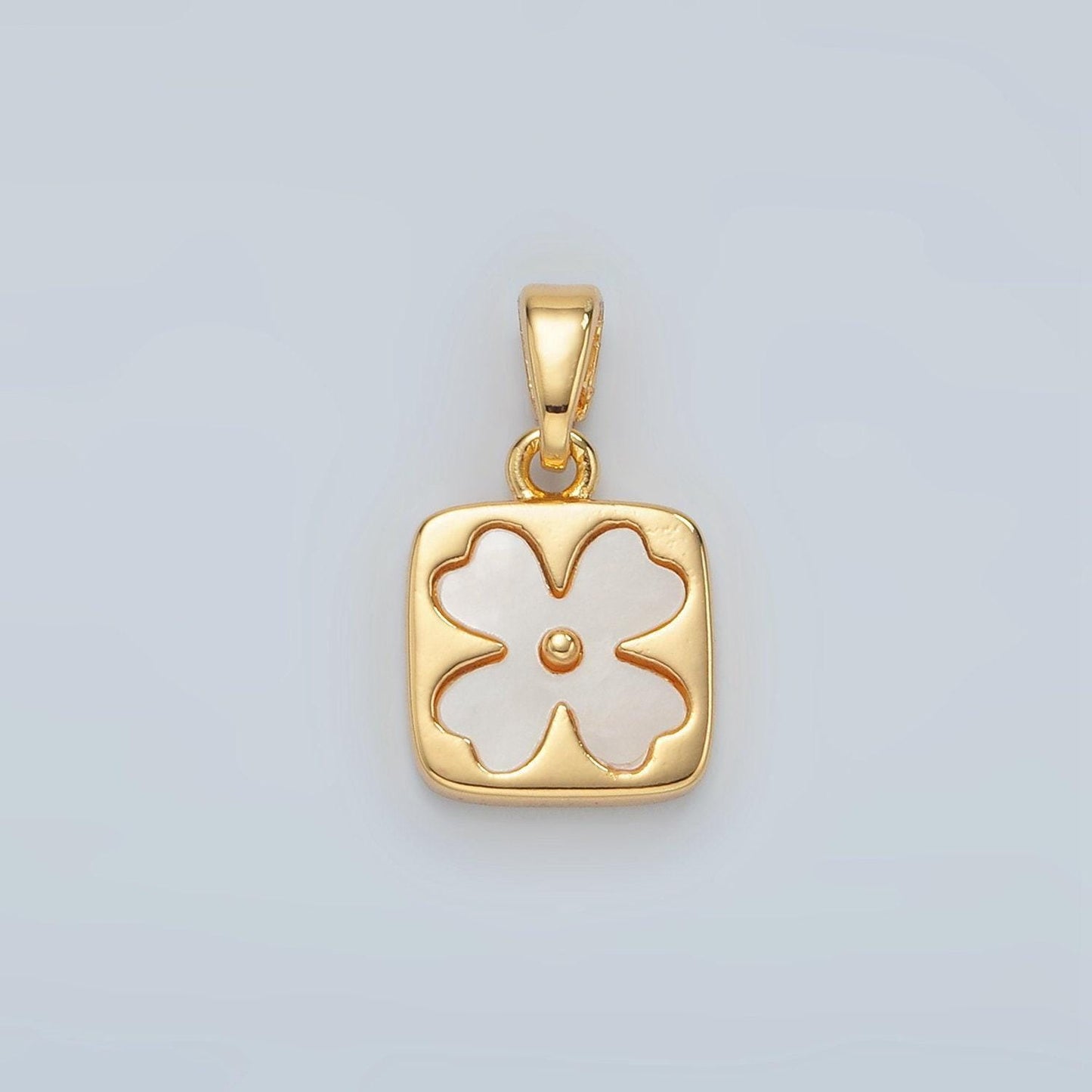 Gold pearly white four leaf lucky charm flower square charm, 24k gold filled shell pearl clover florette floral pendant | h587