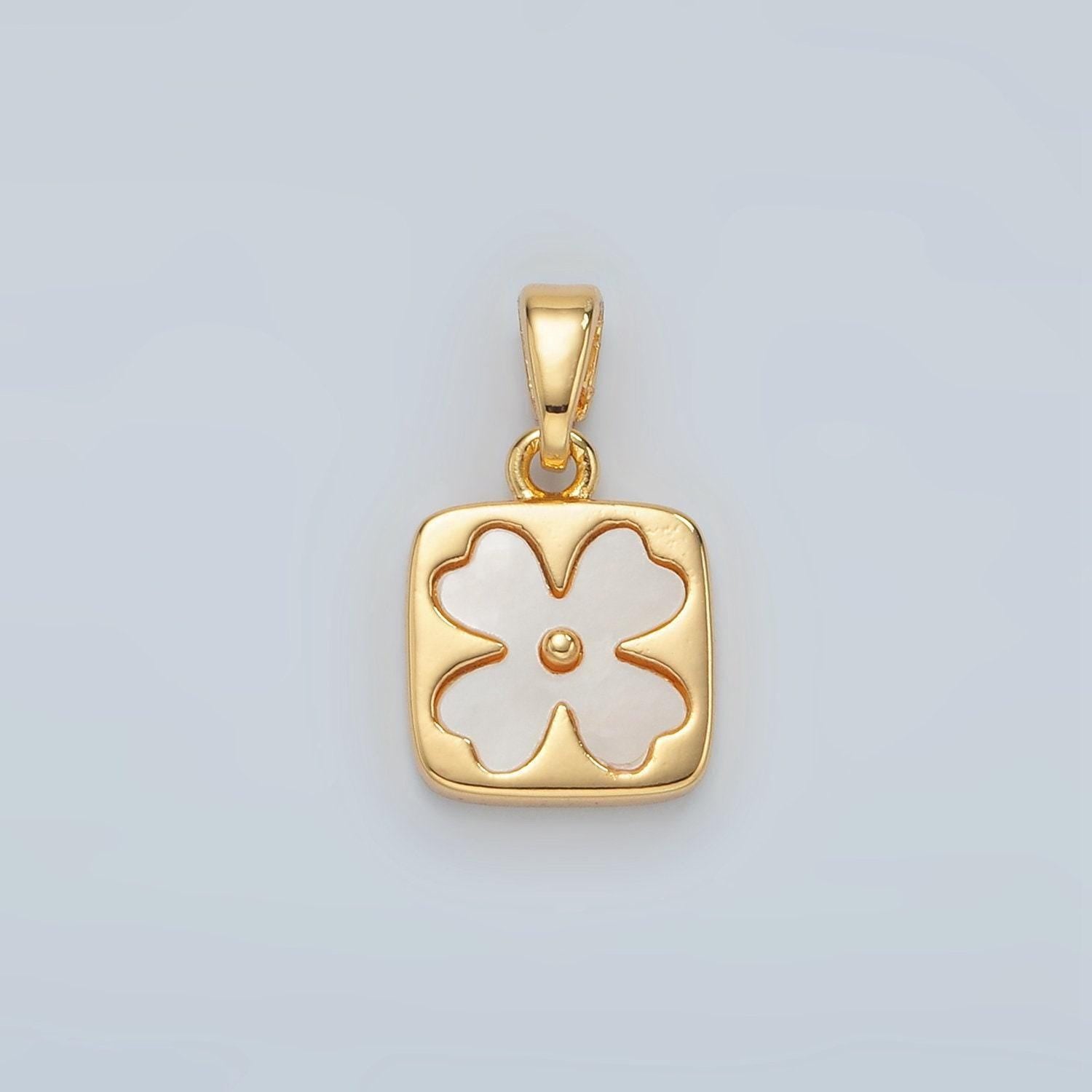 Gold pearly white four leaf lucky charm flower square charm, 24k gold filled shell pearl clover florette floral pendant | h587