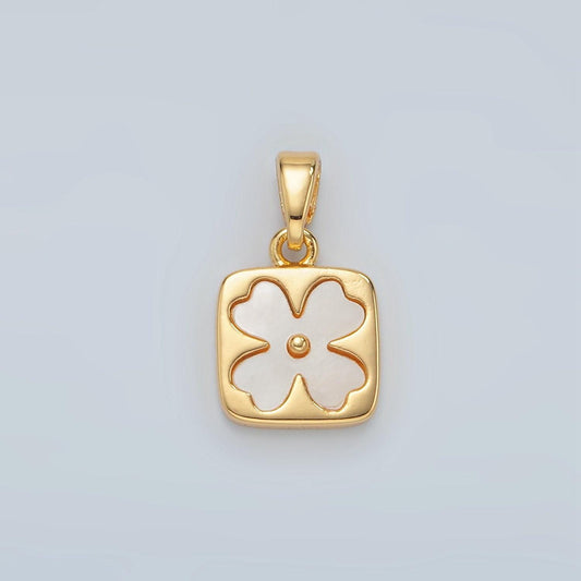 Gold pearly white four leaf lucky charm flower square charm, 24k gold filled shell pearl clover florette floral pendant | h587
