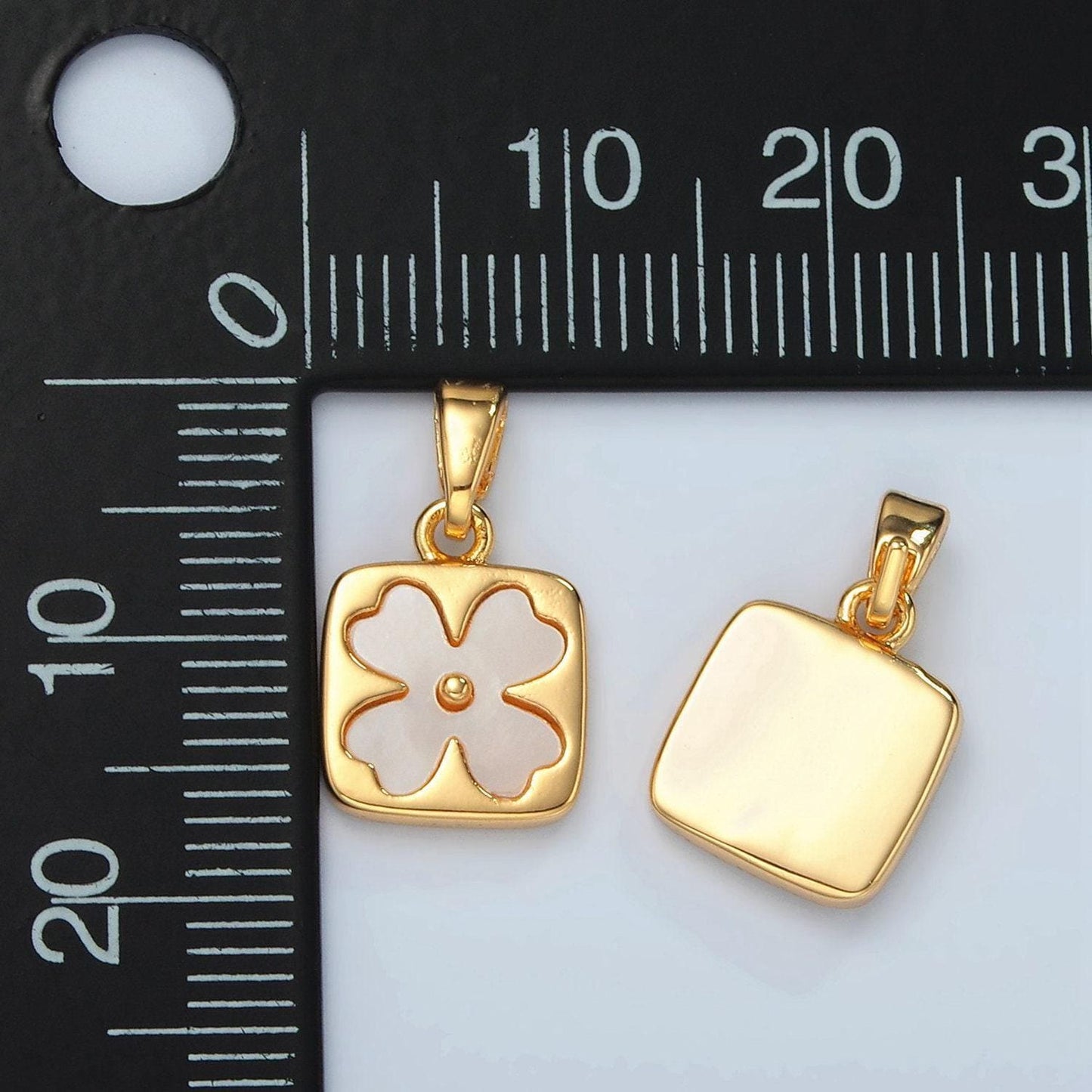 Gold pearly white four leaf lucky charm flower square charm, 24k gold filled shell pearl clover florette floral pendant | h587