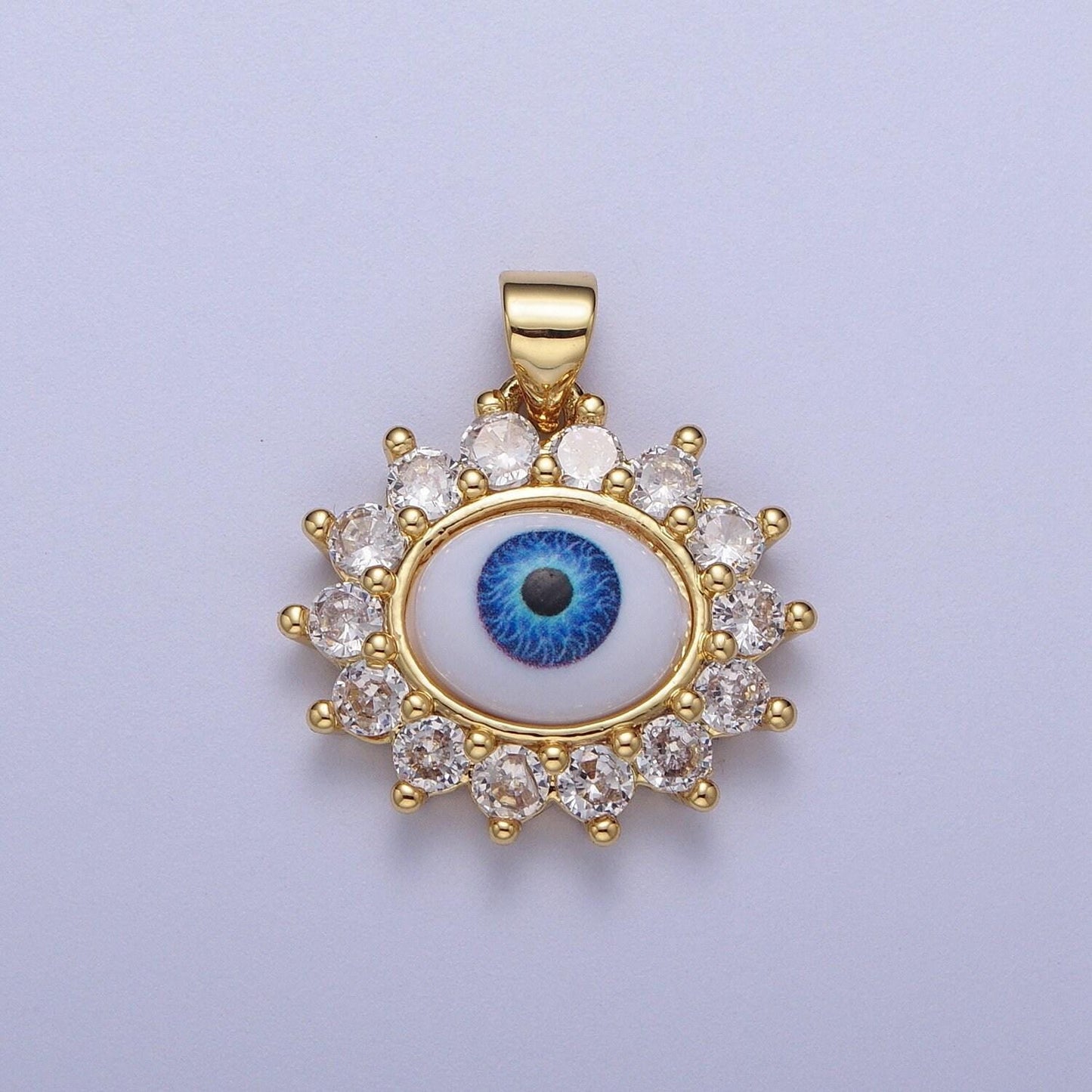 Gold cz evil eye floral edge pendant, 24k gold plated clear micro paved cz white enamel blue iris eye of ra flower edge charm | h-572
