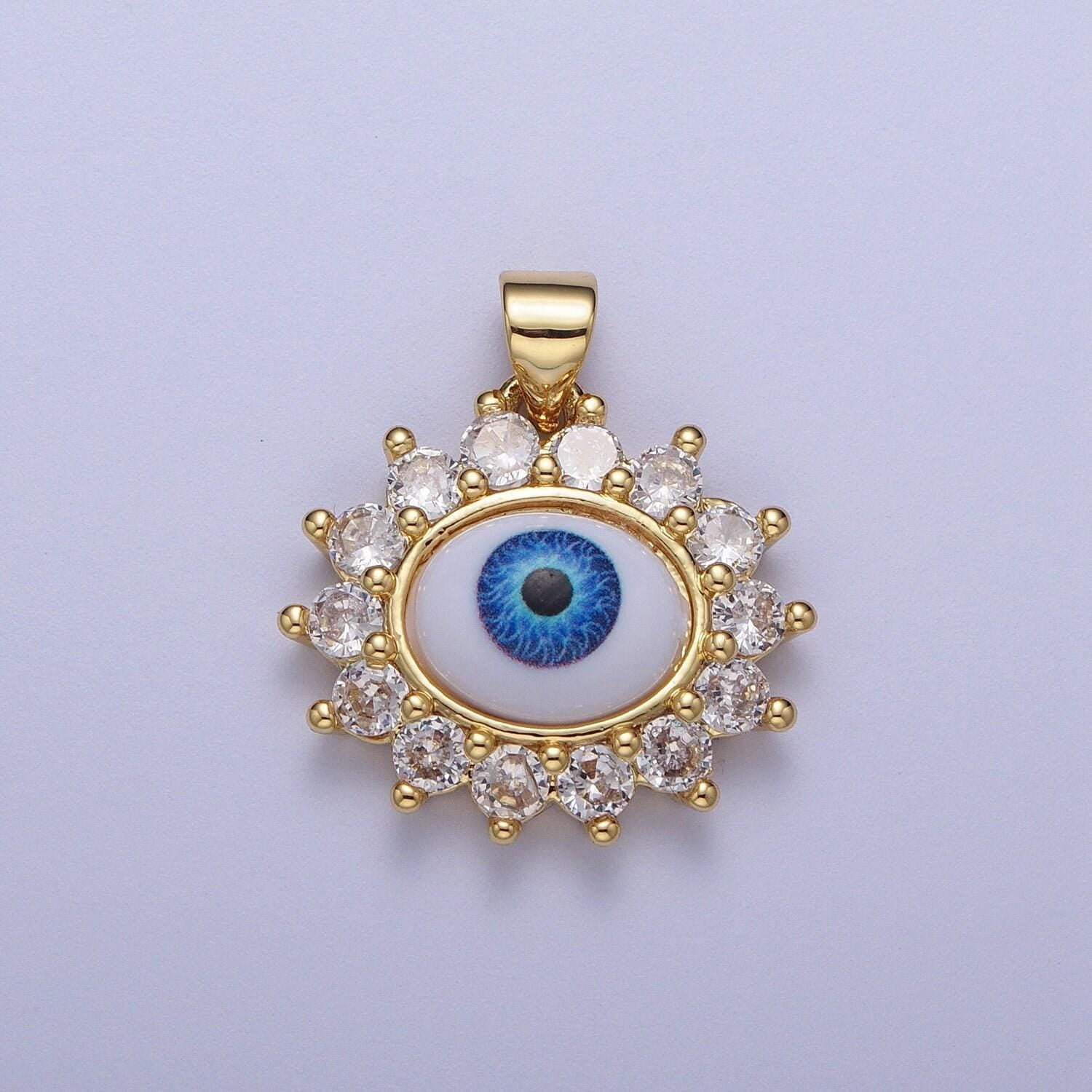 Gold cz evil eye floral edge pendant, 24k gold plated clear micro paved cz white enamel blue iris eye of ra flower edge charm | h-572