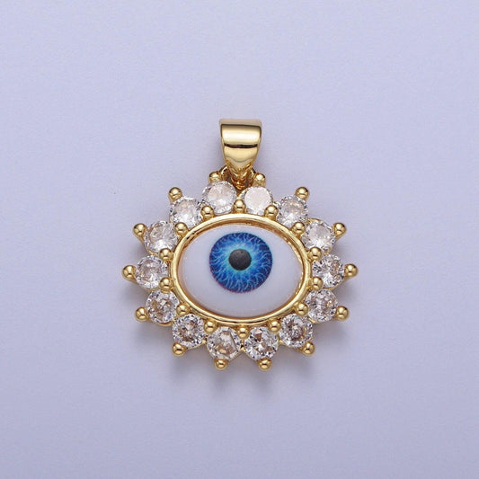 Gold cz evil eye floral edge pendant, 24k gold plated clear micro paved cz white enamel blue iris eye of ra flower edge charm | h-572