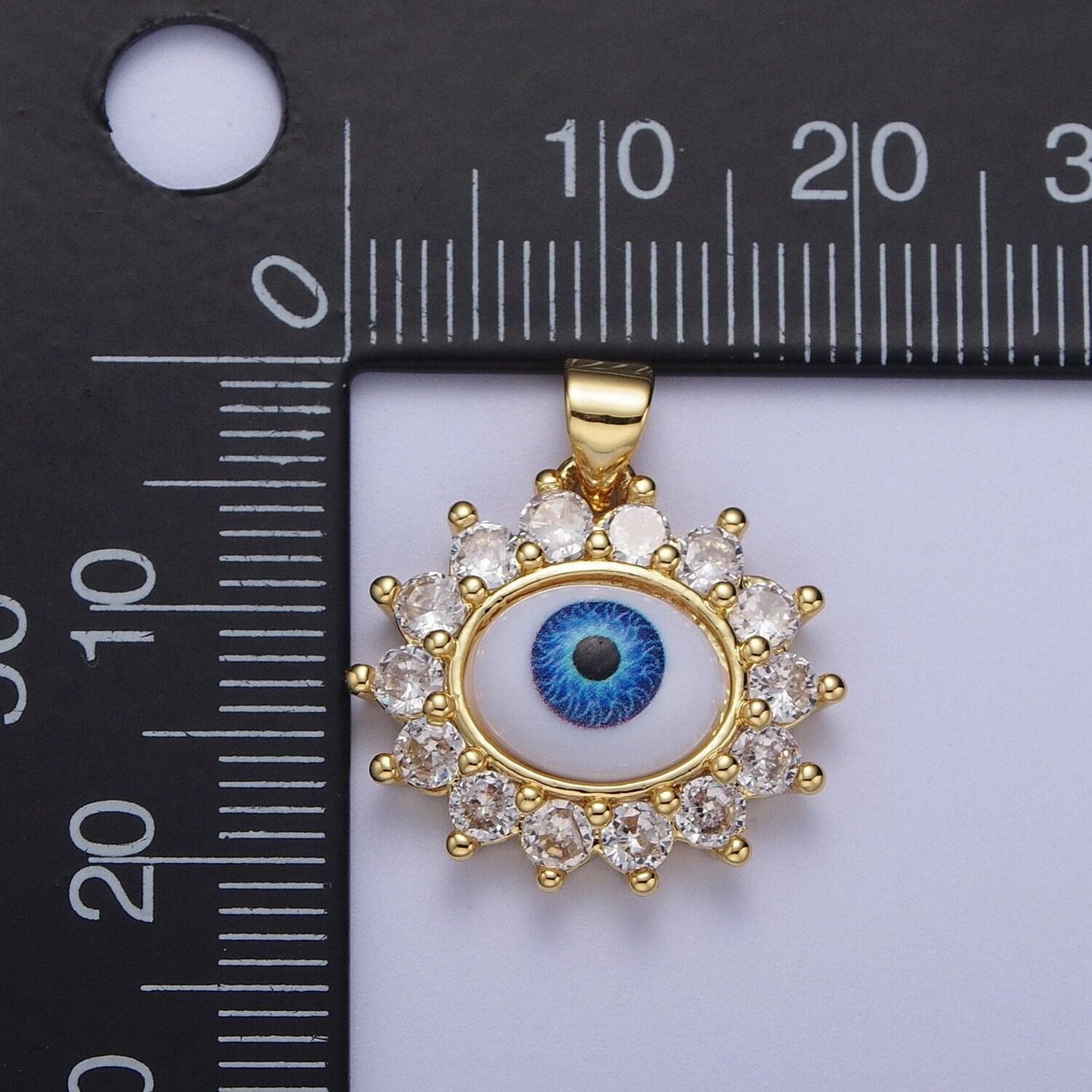 Gold cz evil eye floral edge pendant, 24k gold plated clear micro paved cz white enamel blue iris eye of ra flower edge charm | h-572