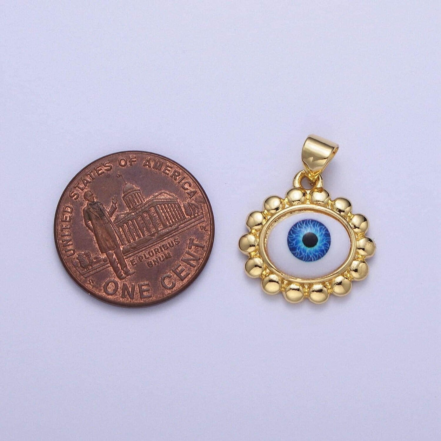 Gold evil eye floral edge pendant, 24k gold plated white enamel blue iris eye of ra flower edge charm | h-558