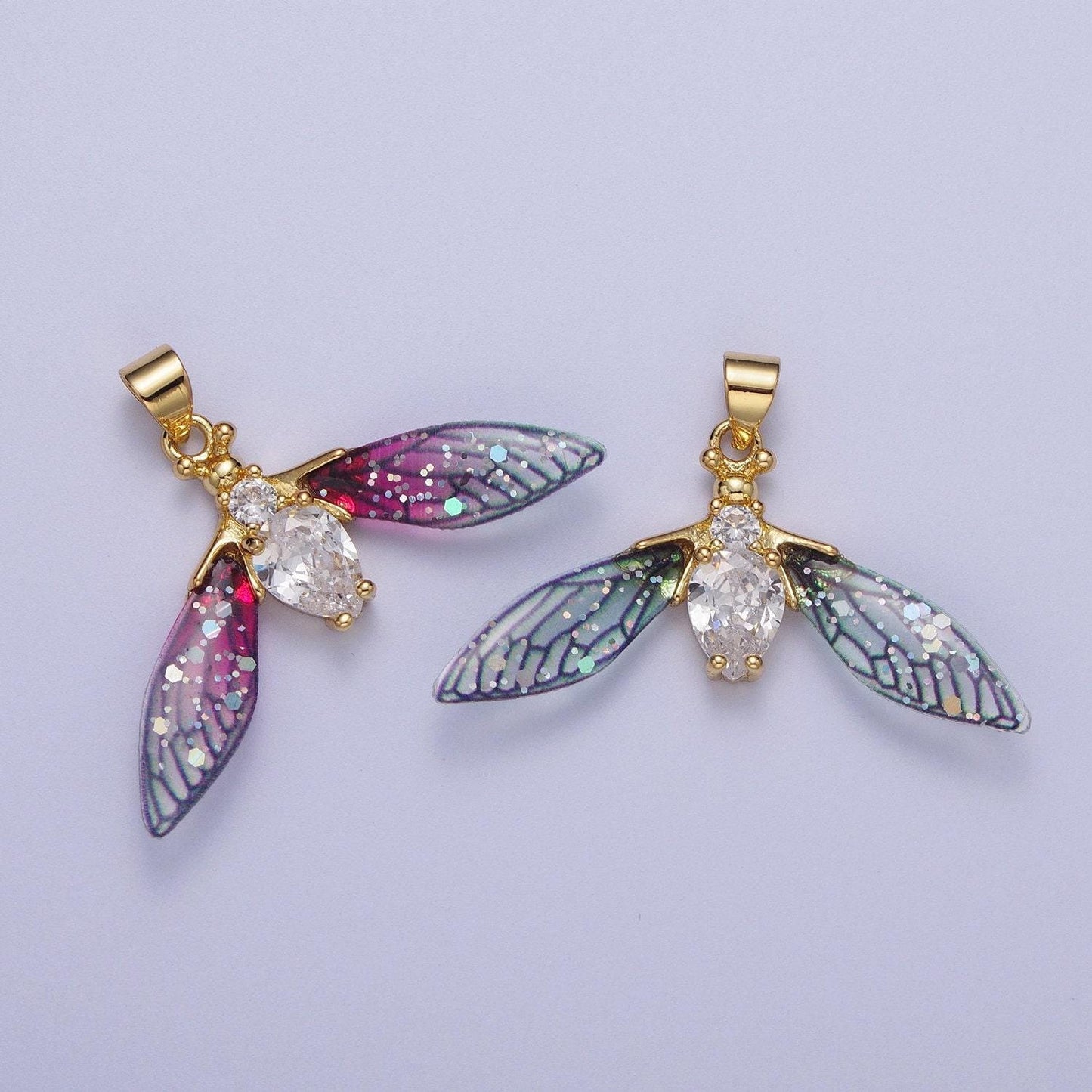 Gold cz blue & fuchsia fairy wasps wings pendant, 24k gold filled micro paved cz resin beautiful sparkly insect wings charm | h-512, h-520