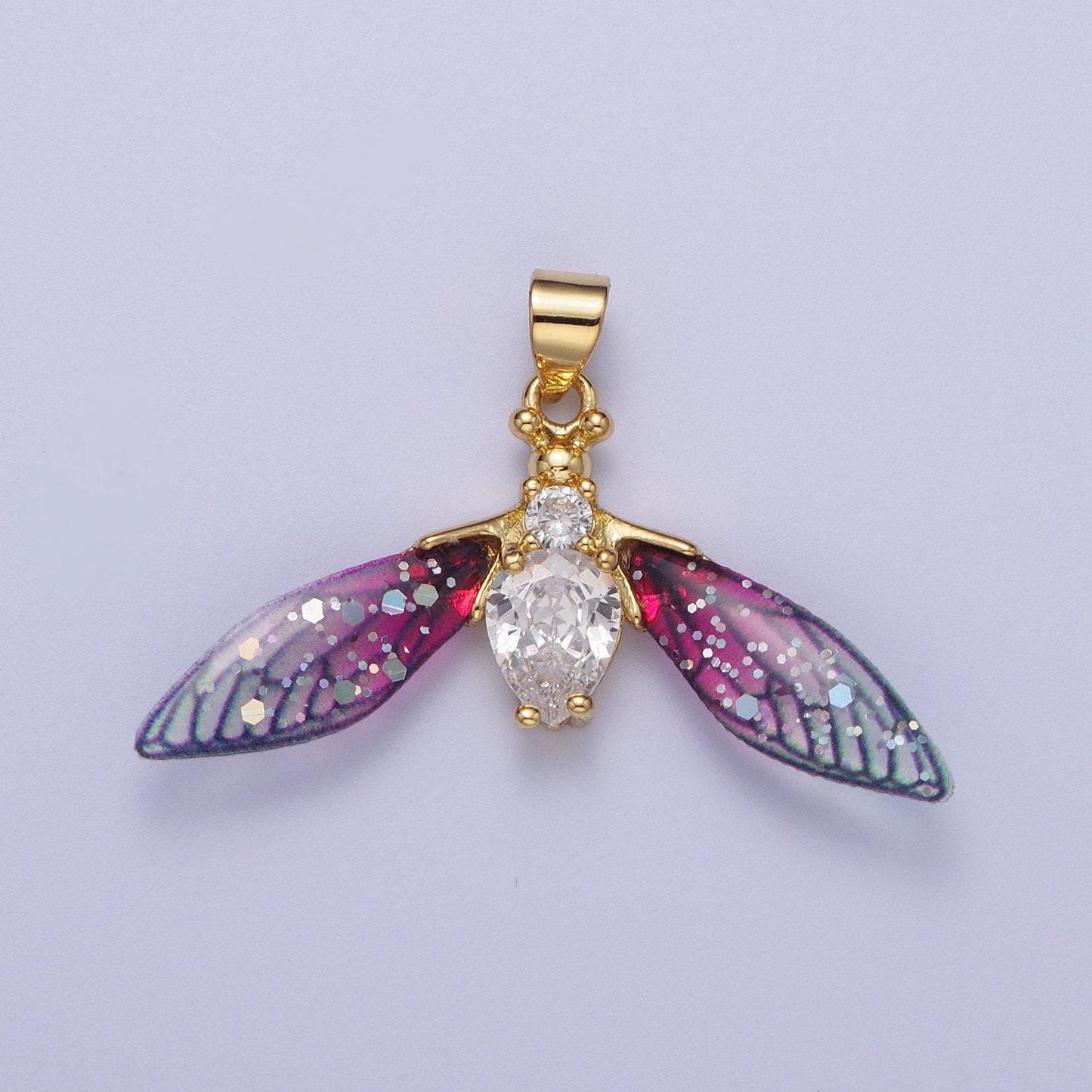 Gold cz blue & fuchsia fairy wasps wings pendant, 24k gold filled micro paved cz resin beautiful sparkly insect wings charm | h-512, h-520