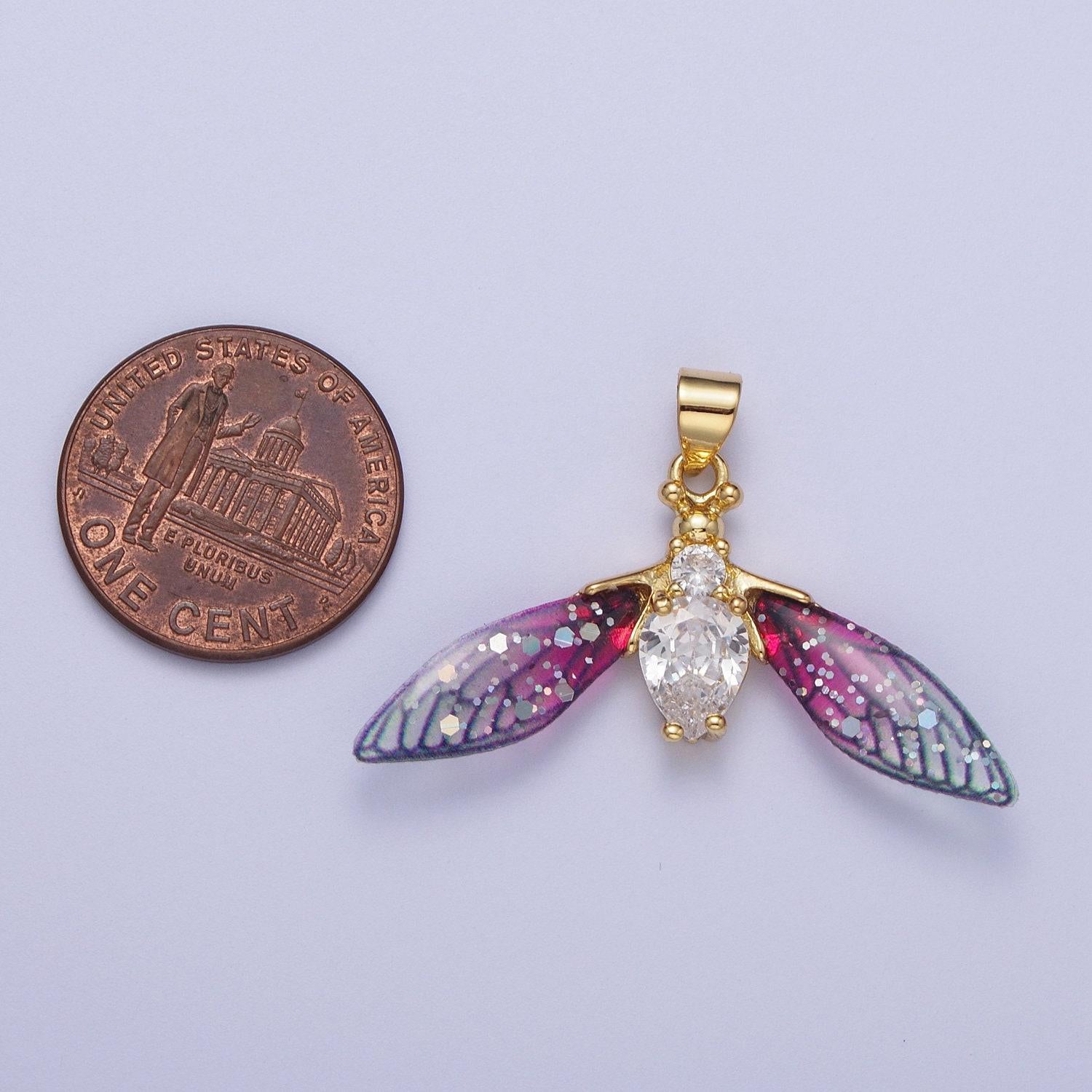 Gold cz blue & fuchsia fairy wasps wings pendant, 24k gold filled micro paved cz resin beautiful sparkly insect wings charm | h-512, h-520