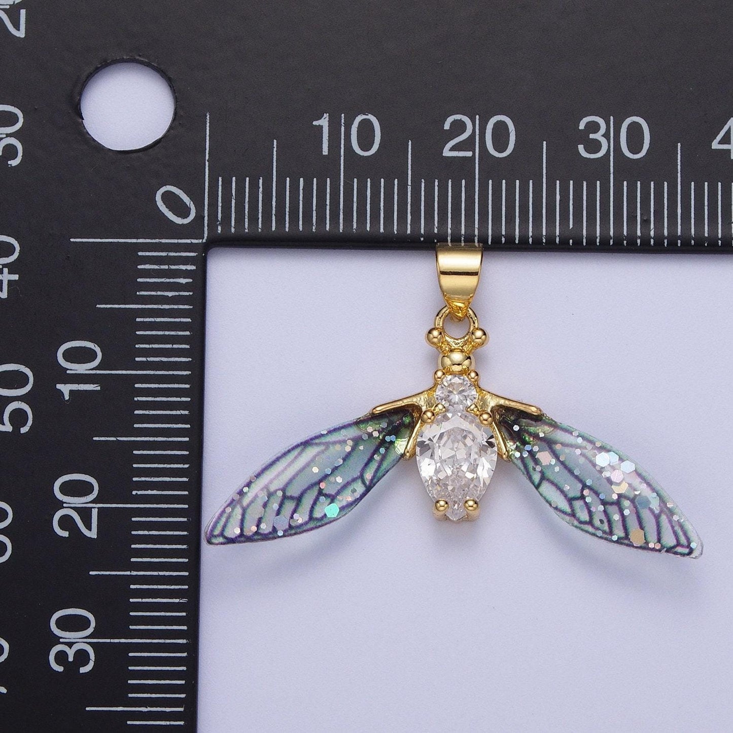 Gold cz blue & fuchsia fairy wasps wings pendant, 24k gold filled micro paved cz resin beautiful sparkly insect wings charm | h-512, h-520