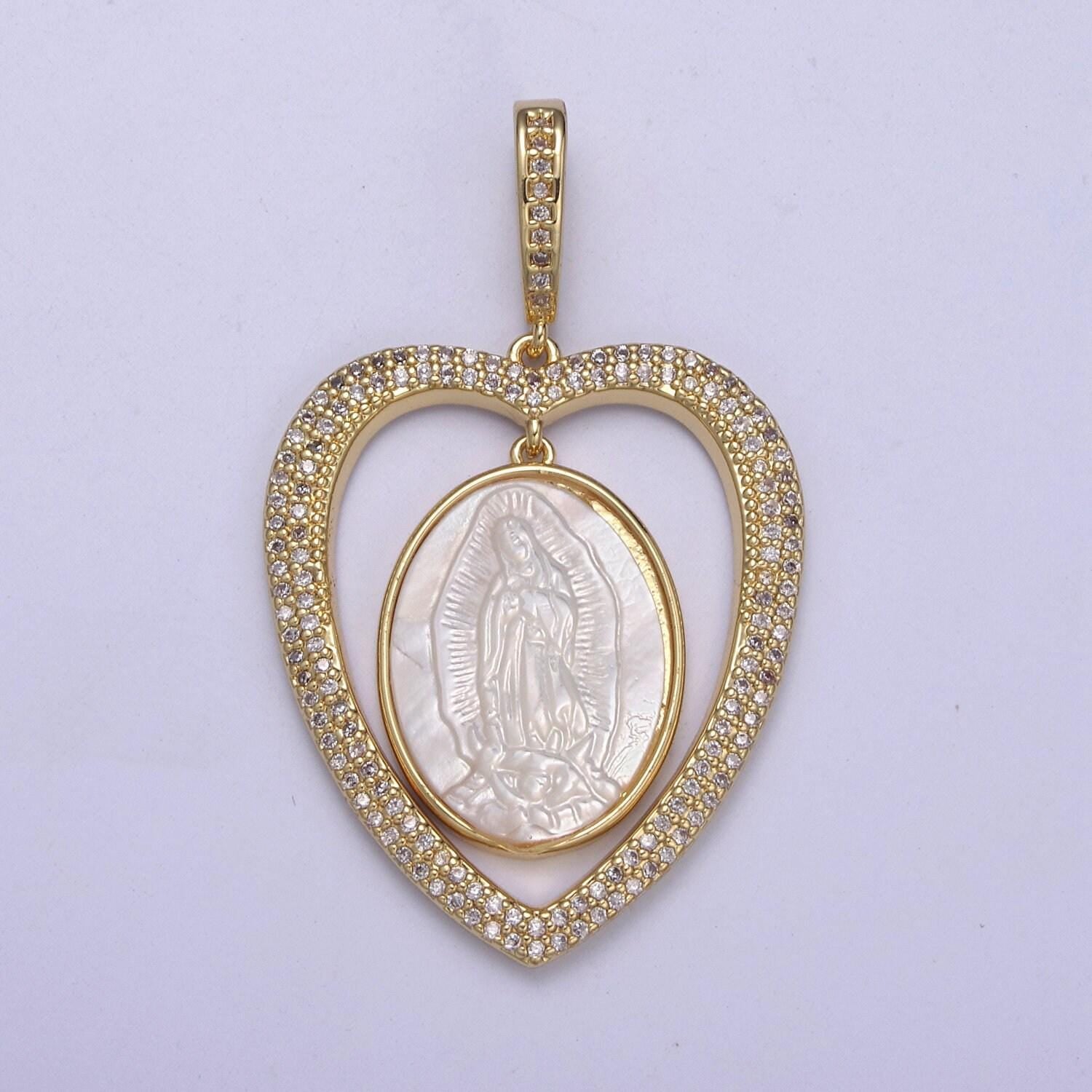 Chunky gold filled heart iced out pendant with pearl lady guadalupe charm for statement religious jewelry making h-507