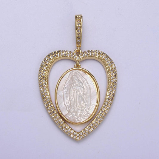 Chunky gold filled heart iced out pendant with pearl lady guadalupe charm for statement religious jewelry making h-507