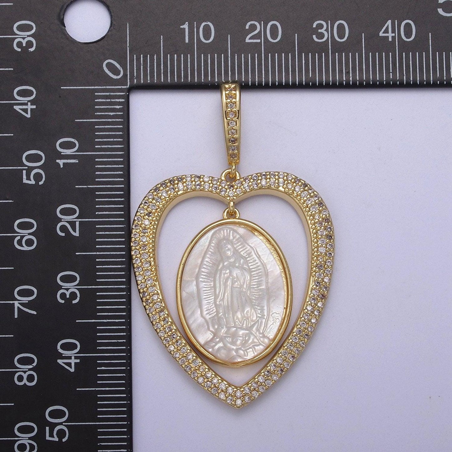 Chunky gold filled heart iced out pendant with pearl lady guadalupe charm for statement religious jewelry making h-507