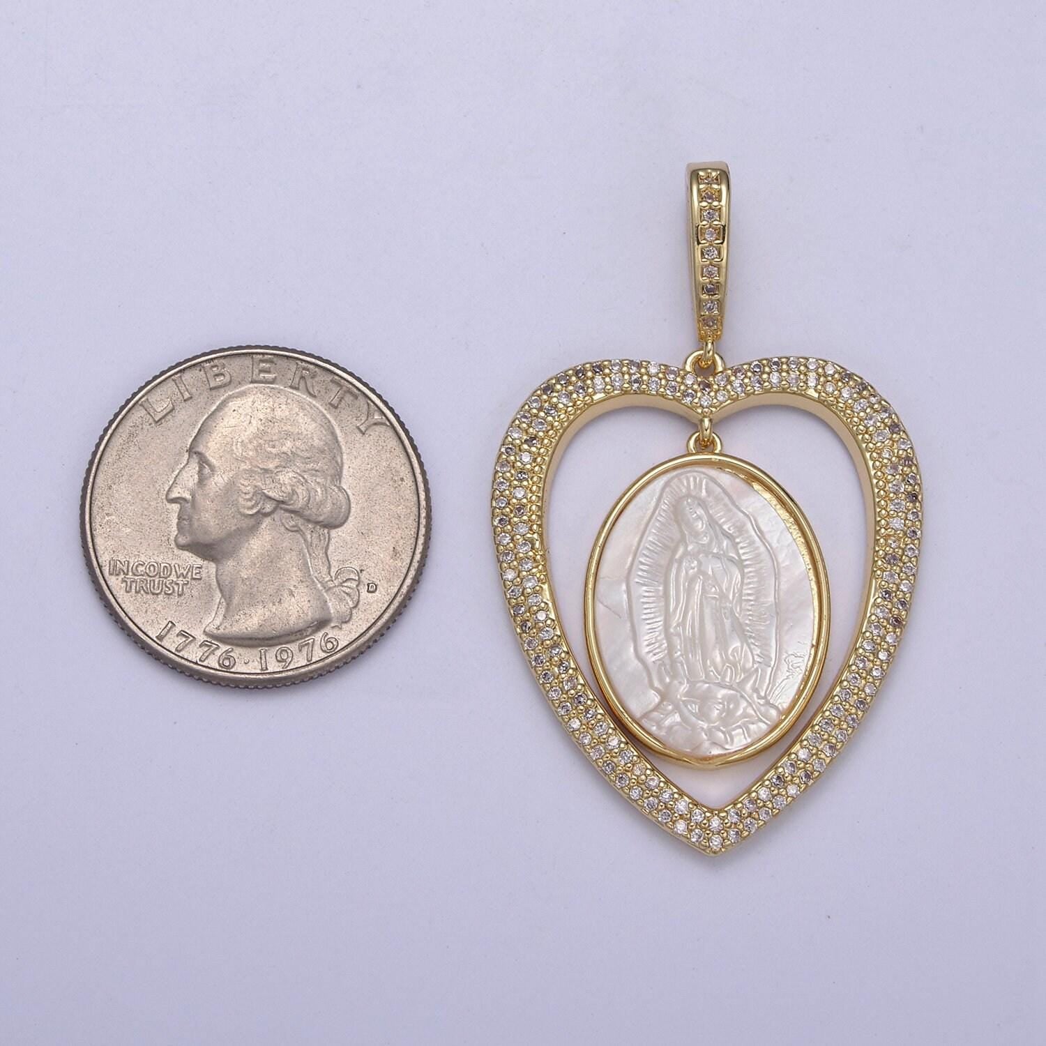 Chunky gold filled heart iced out pendant with pearl lady guadalupe charm for statement religious jewelry making h-507