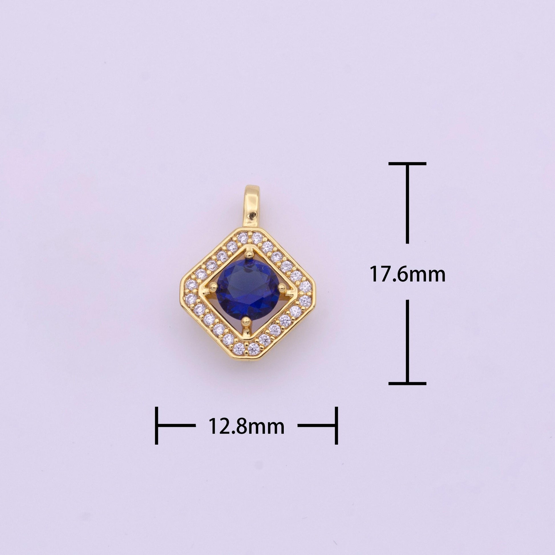 Dainty gold micro pave rhombus charm blue cz stone dangle charm necklace for minimalist jewelry