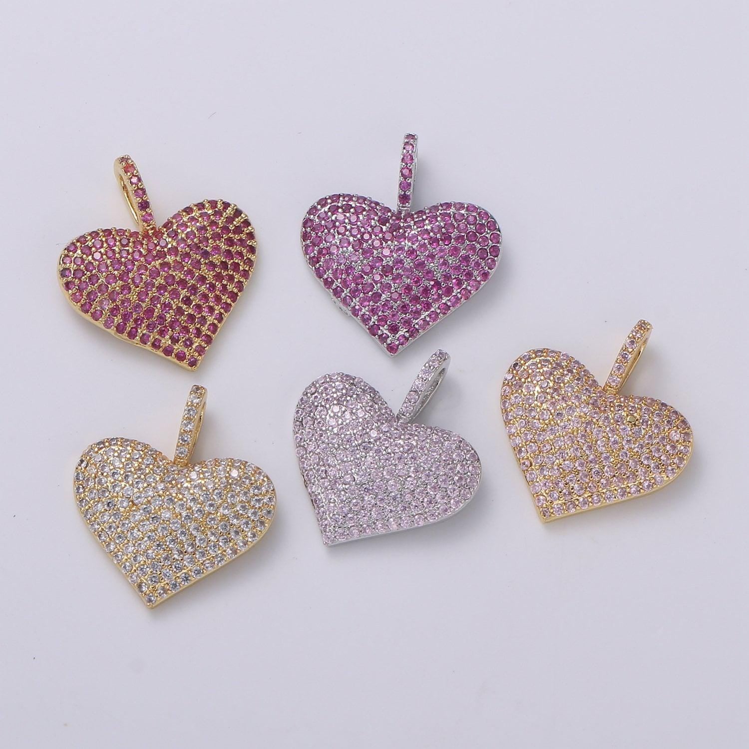 1x big heart pendant, micro pave heart necklace pendant in gold heart charm clear purple fuschia cubic heart charm 17x21mm