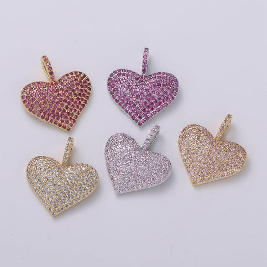 1x big heart pendant, micro pave heart necklace pendant in gold heart charm clear purple fuschia cubic heart charm 17x21mm
