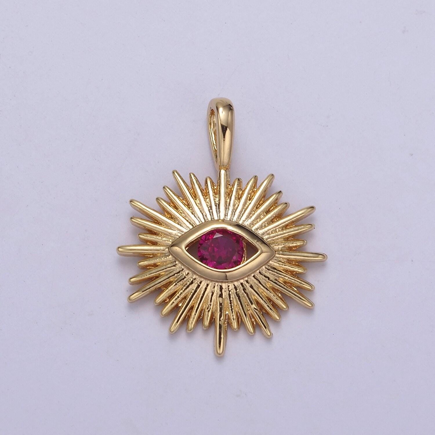 Evil eye pink cz charm - evil eye cubic zirconia green stone amulet greek eye boho wholesale charms h-421 / h-422