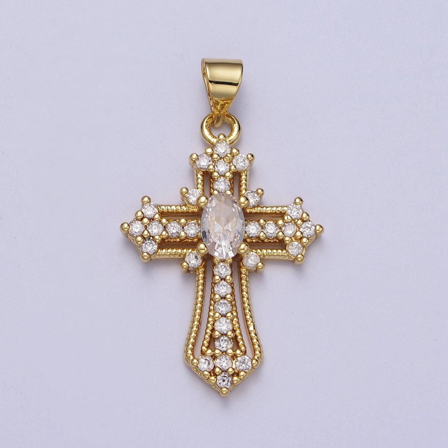 24k gold filled clear micro paved oval cz statement cross charm religious pendant | h411