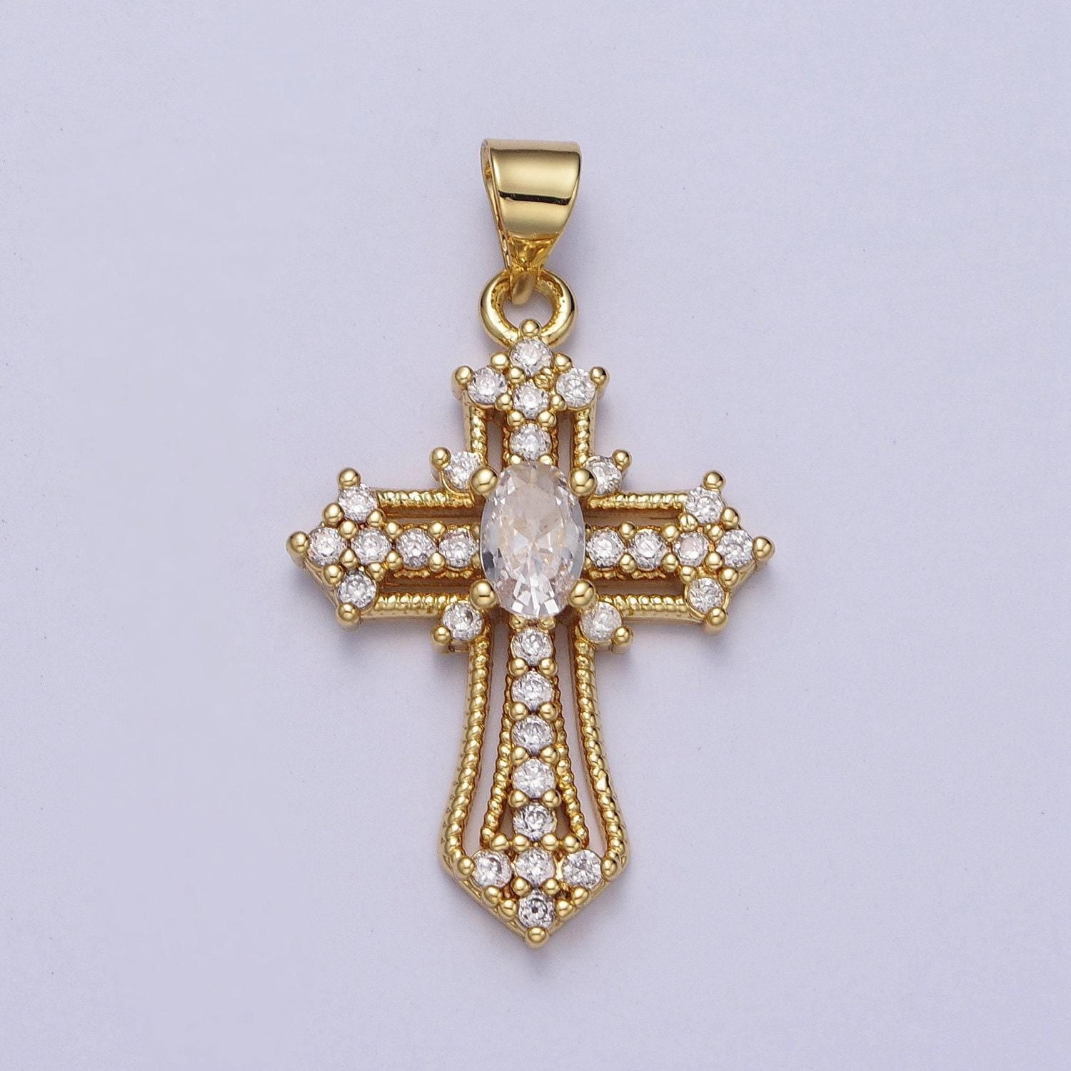 24k gold filled clear micro paved oval cz statement cross charm religious pendant | h411