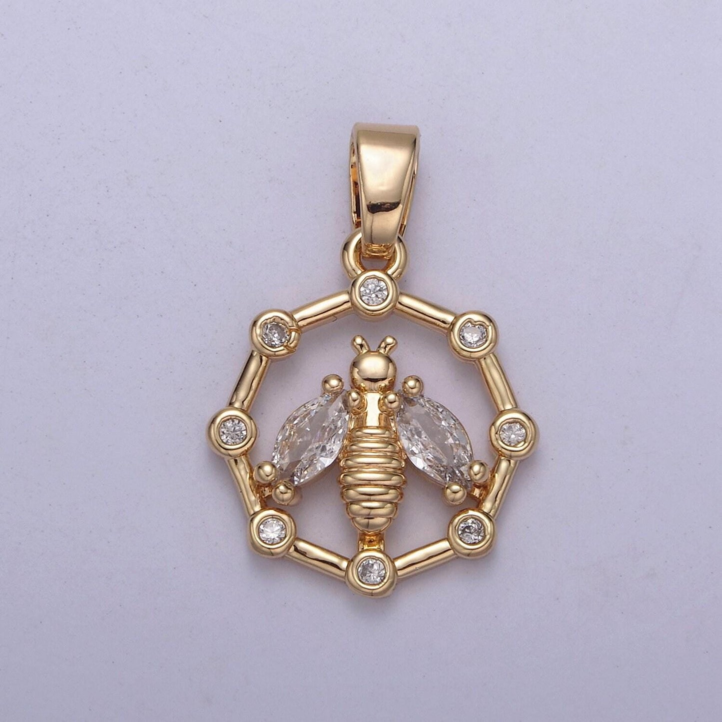 18k gold filled dainty bee pendant round coin cz charm h-406 / h-408 / h-409 / h-410