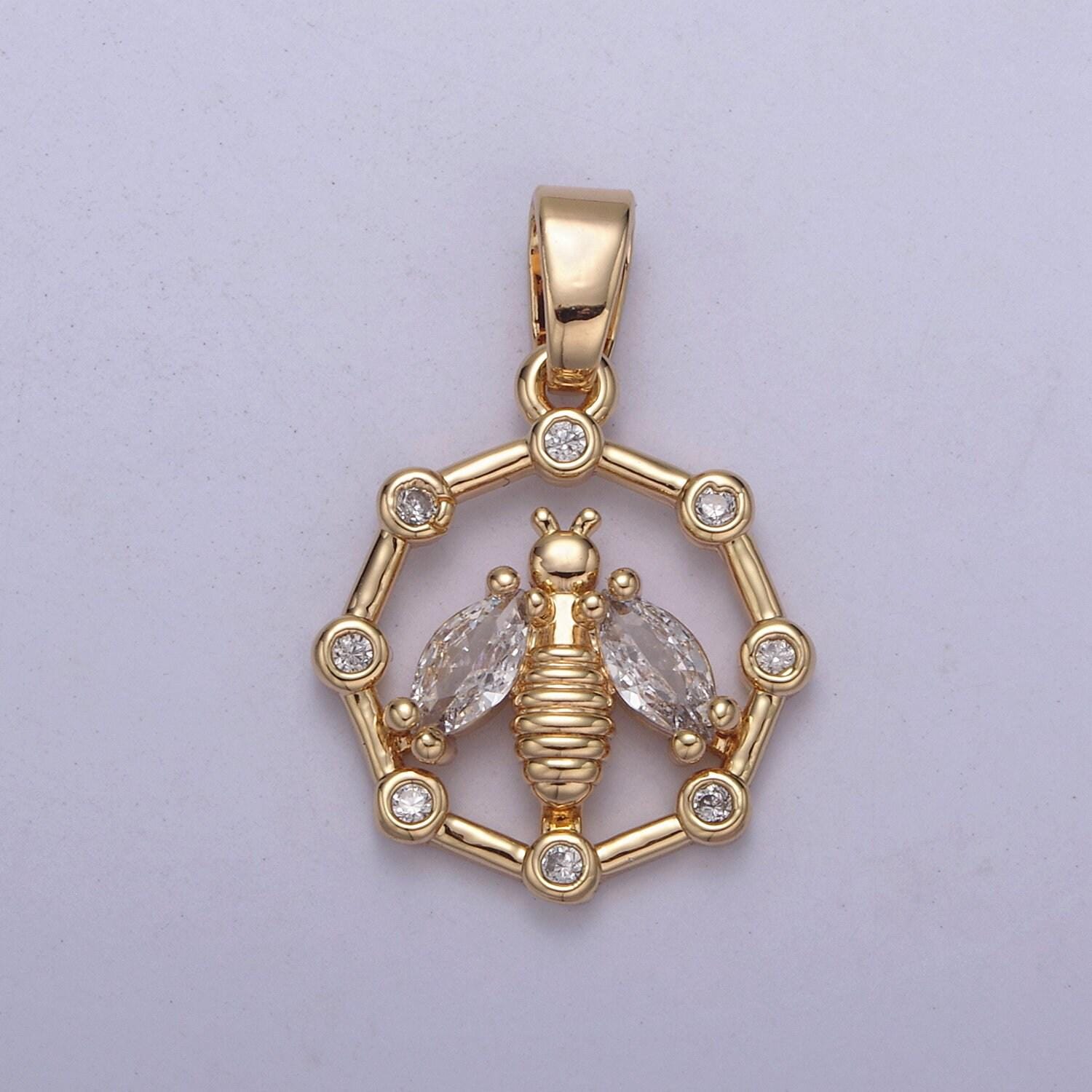 18k gold filled dainty bee pendant round coin cz charm h-406 / h-408 / h-409 / h-410