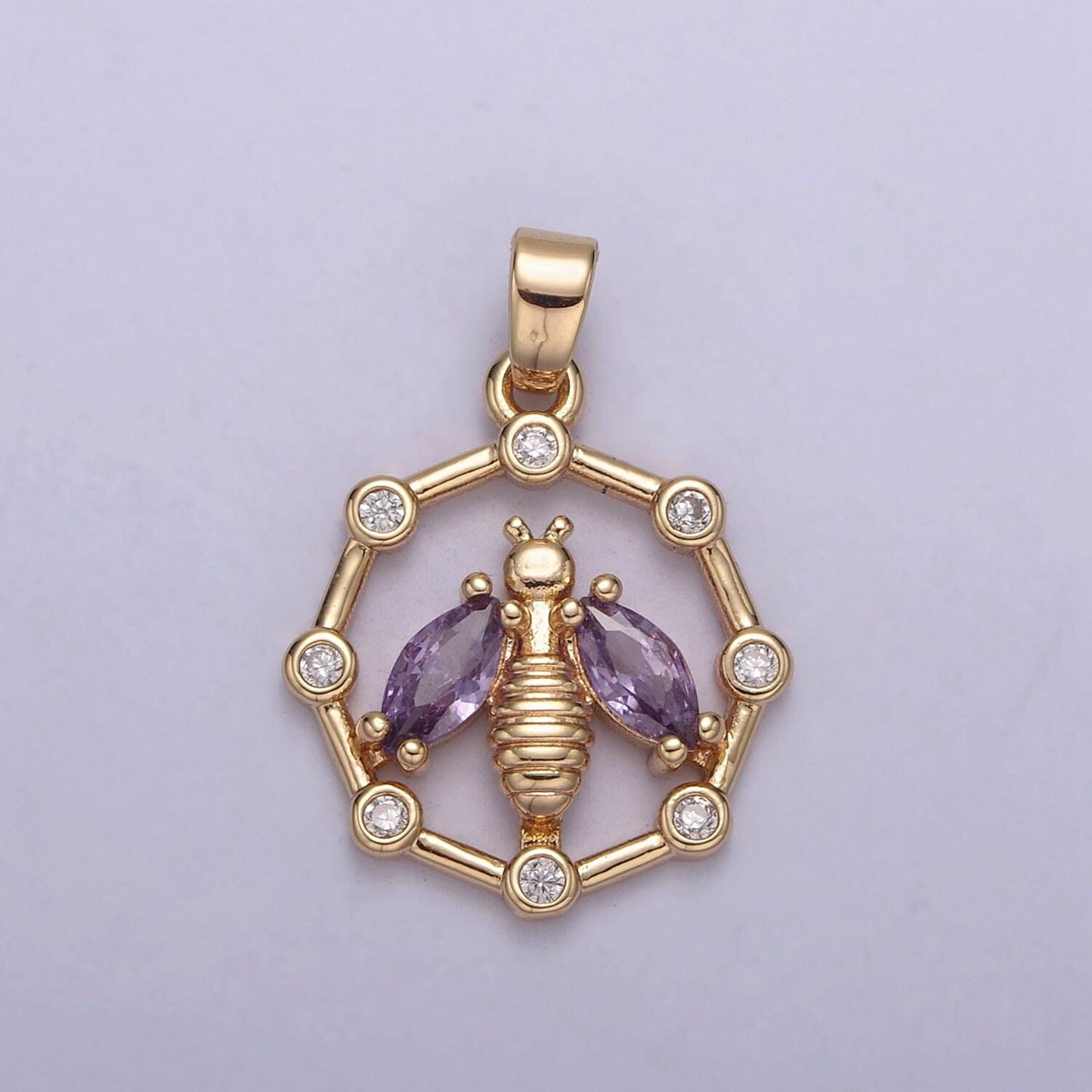 18k gold filled dainty bee pendant round coin cz charm h-406 / h-408 / h-409 / h-410