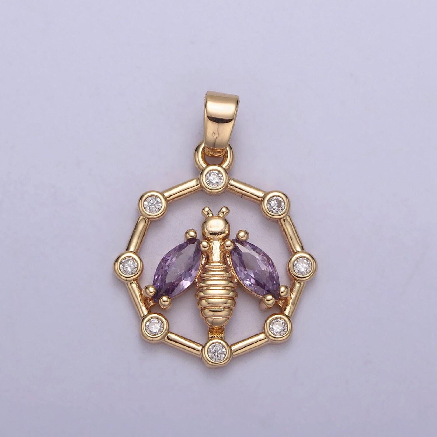 18k gold filled dainty bee pendant round coin cz charm h-406 / h-408 / h-409 / h-410