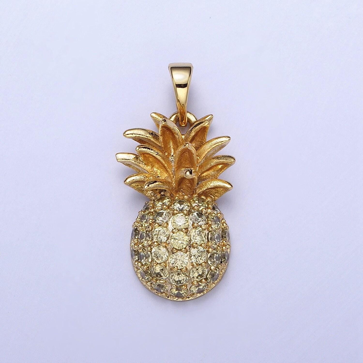 Dainty gold cz pineapple pendant, 24k gold filled summer fruit pineapple clear micro paved cz charm | h-391