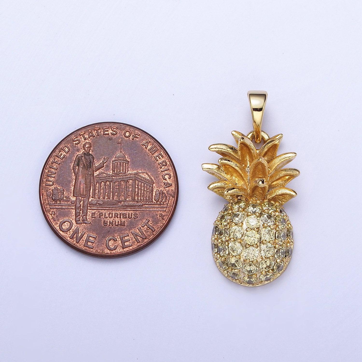 Dainty gold cz pineapple pendant, 24k gold filled summer fruit pineapple clear micro paved cz charm | h-391