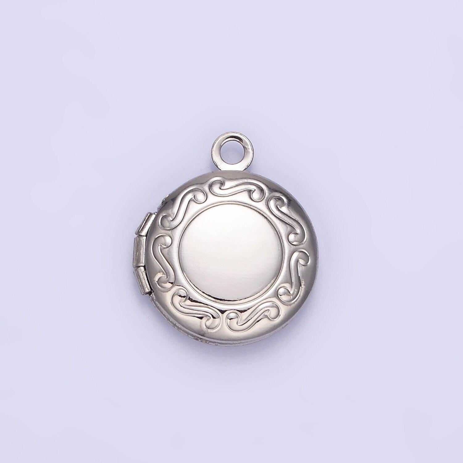 Dainty gold filled 16mm curved engraved round locket charm for earring locket jewelry making supply | h357