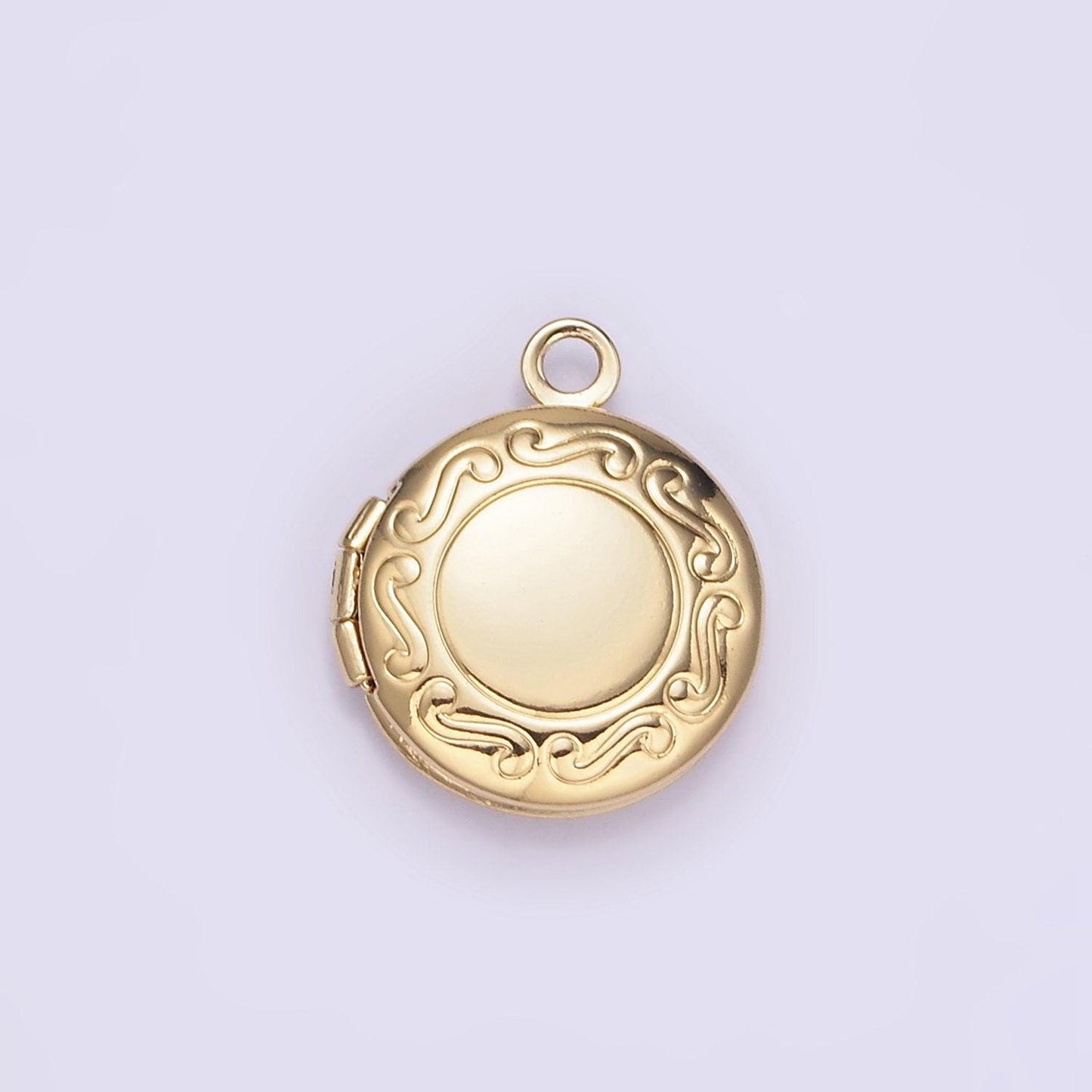 Dainty gold filled 16mm curved engraved round locket charm for earring locket jewelry making supply | h357