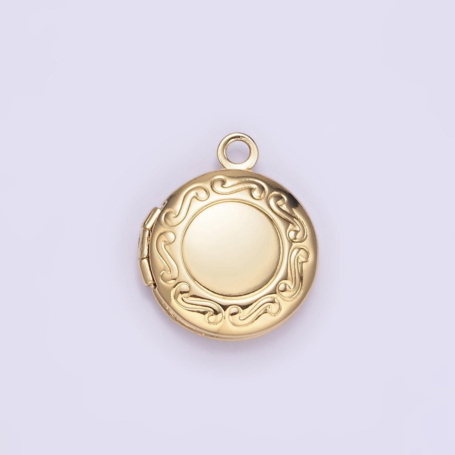 Dainty gold filled 16mm curved engraved round locket charm for earring locket jewelry making supply | h357