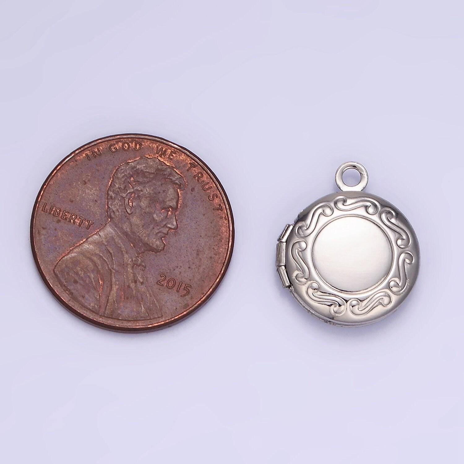 Dainty gold filled 16mm curved engraved round locket charm for earring locket jewelry making supply | h357